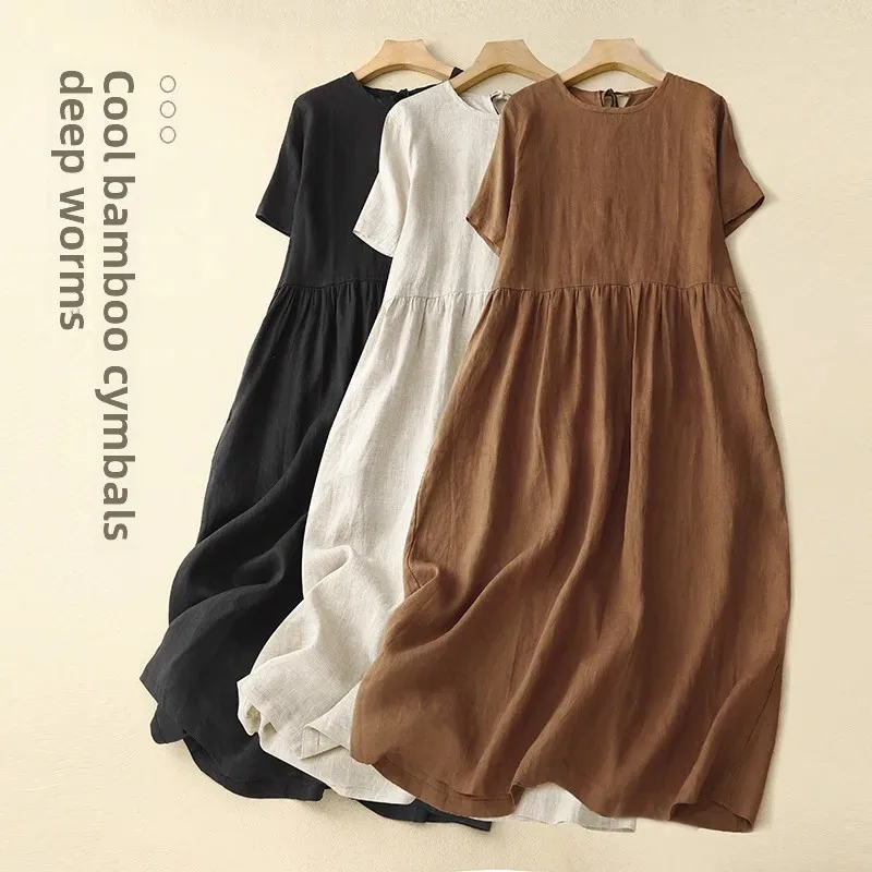 Женское платье из хлопка и льна простое свободное однотонное с круглым вырезом