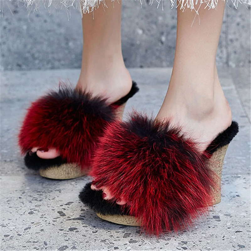 

Fashion Red Fox Fur Women Platform Pumps Thick Sole Wedge Slippers Winter Warm Plush Mules 11CM High Heels Peep Toe Slides