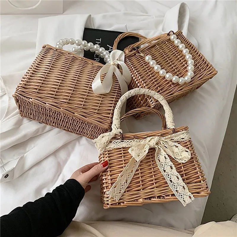 

Square Woven Straw Bags for Women Summer Pearl Chain Handmade Rattan Beach Handbag Travel Female Shoulder Bag Casual Tote