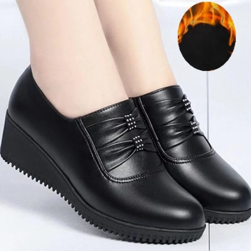 

Black Artificial Leather Flats Fashion Dress Loafers Office Short Plush Shoes Female Comfort Soft Flat Shoe Female Ballet Shoes