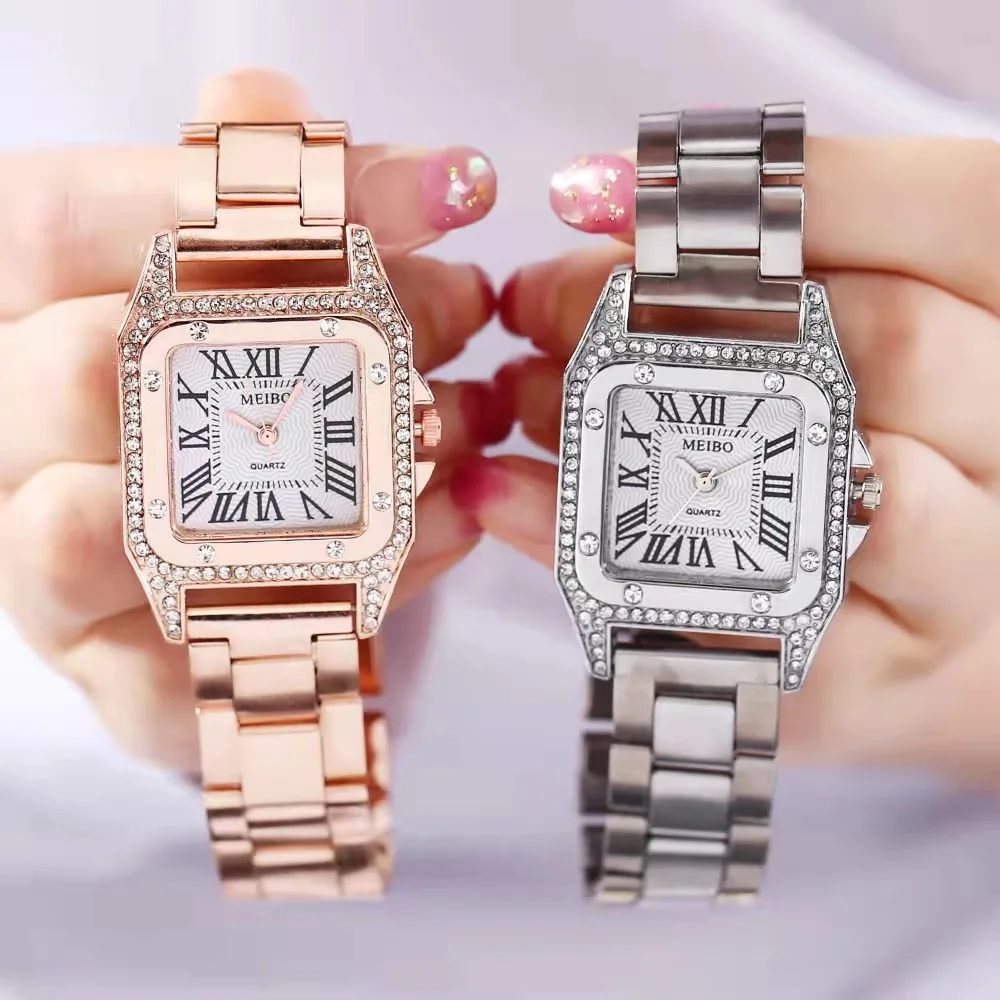 High quality fashion Business ladies casual stainless steel Rose Gold quartz watch Student Ladies square waterproof clock retro