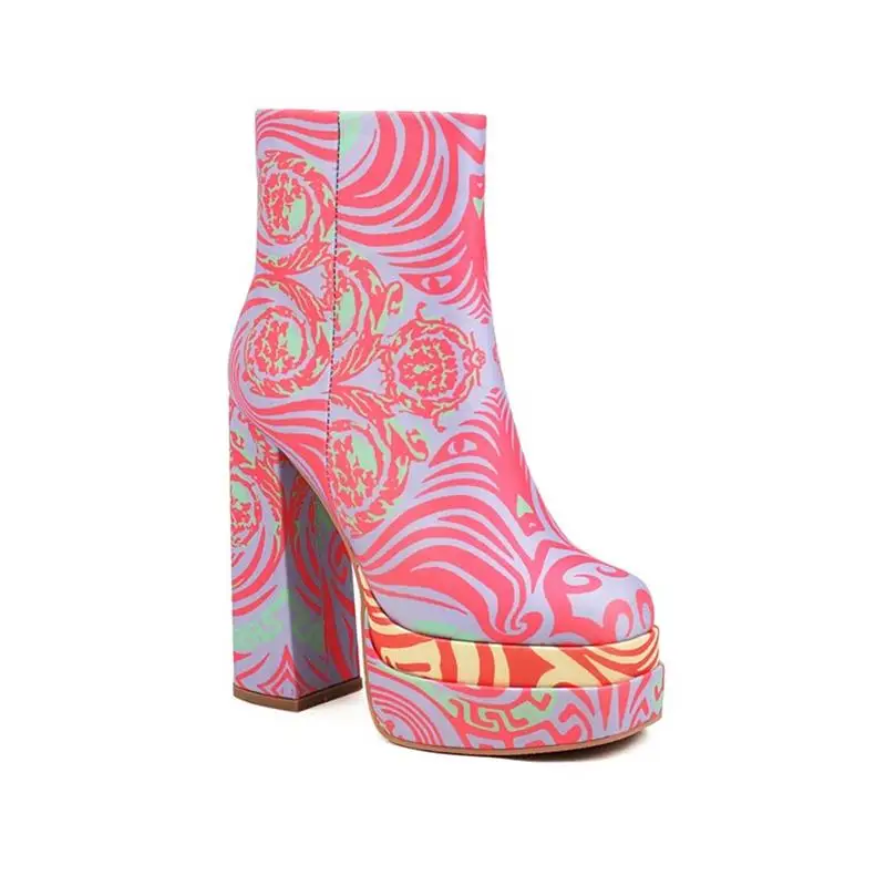 

Autumn women's new round head double-layer waterproof platform, super high thick heel pattern splicing and calf short boots