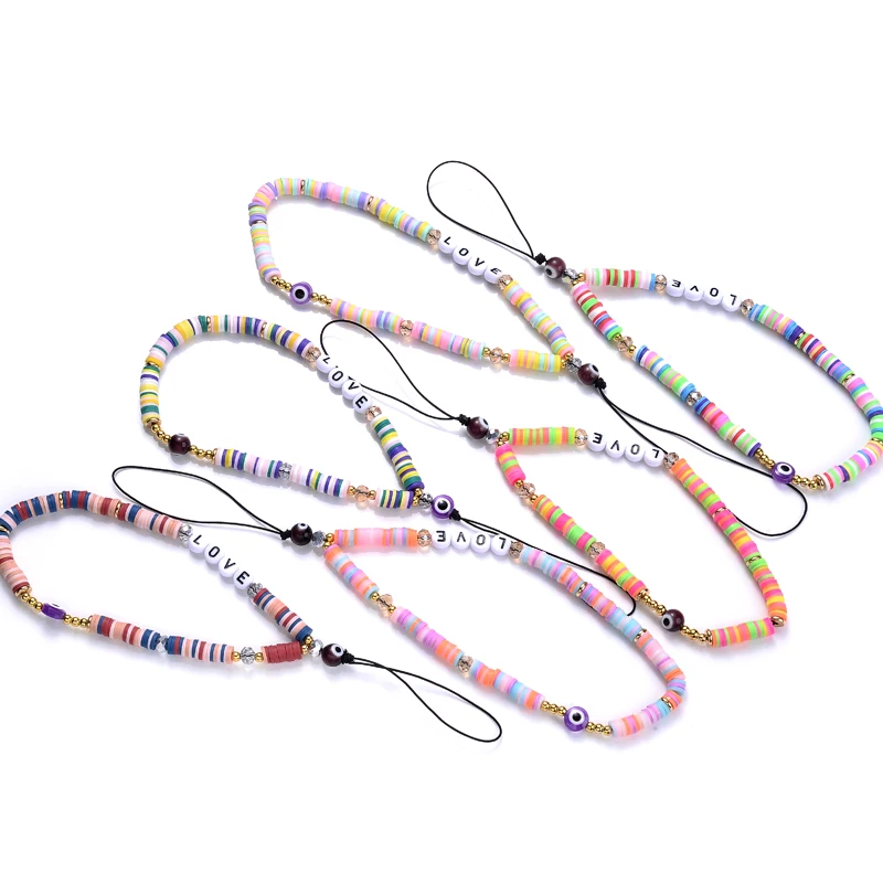 New Mobile Phone Jewelry Acrylic Letter Clay Polymer Spacer Beaded Mobile Phone Chain for Lady Girl Anti-Lost Lanyard Jewelry