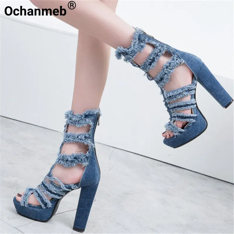 

Ochanmeb Brushed Fringed Jean Punk Gothic Gladiator Sandals Women Blue Denim Tassel Goth Chunky High Heels Summer Woman Shoes 43