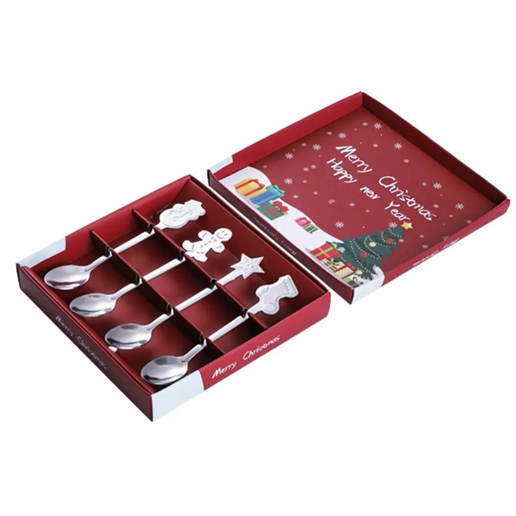 

4Pcs/set Small Stainless Steel Christmas Tableware Coffee Spoons Ice Cream Dessert Spoon Snowman Tree Kids Drinking Tea Scoop