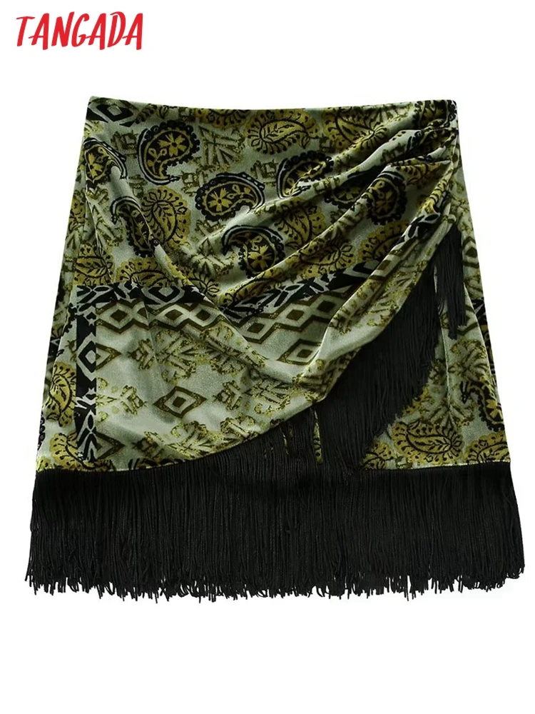 

Tangada 2022 Women Print Velvet Tassel New Year Skirt Zipper Party Shorts BE24