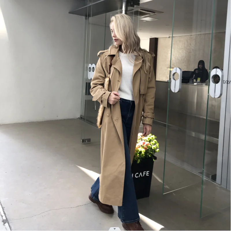 2022 Fall /Autumn Women Casual Double Breasted Simple Classic Long Trench Coat With Belt Chic Female Windbreaker