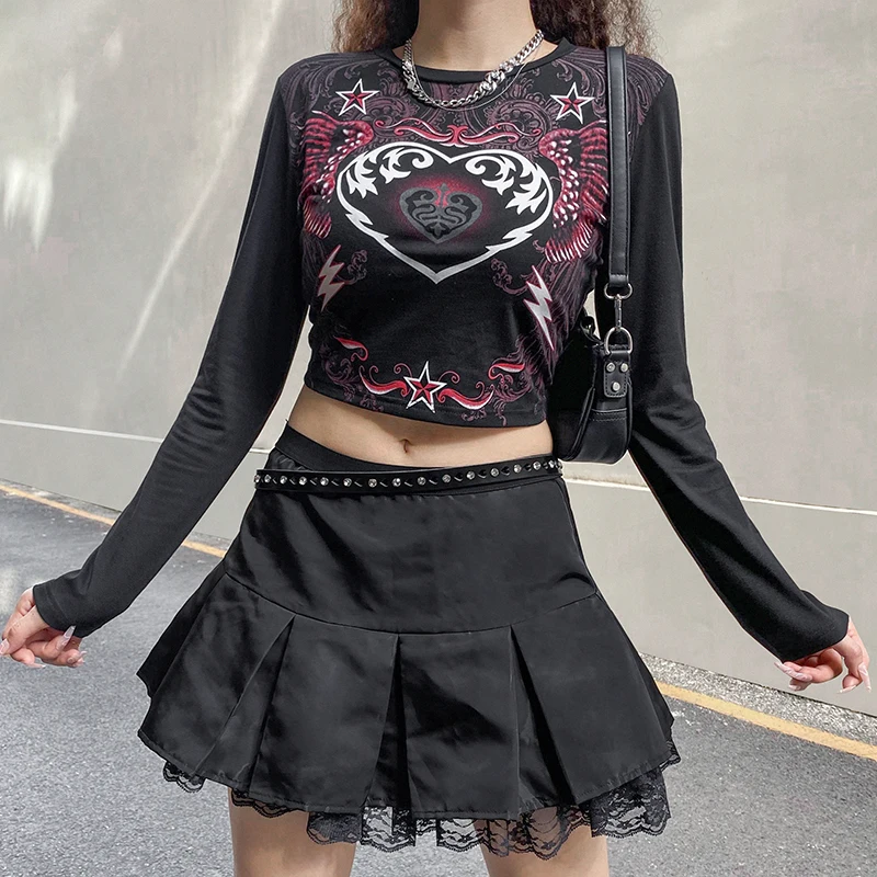 

Женская готическая футболка с круглым вырезом, черная футболка с длинным рукавом и принтом в виде крыльев сердца, топы с открытым животом, Н...