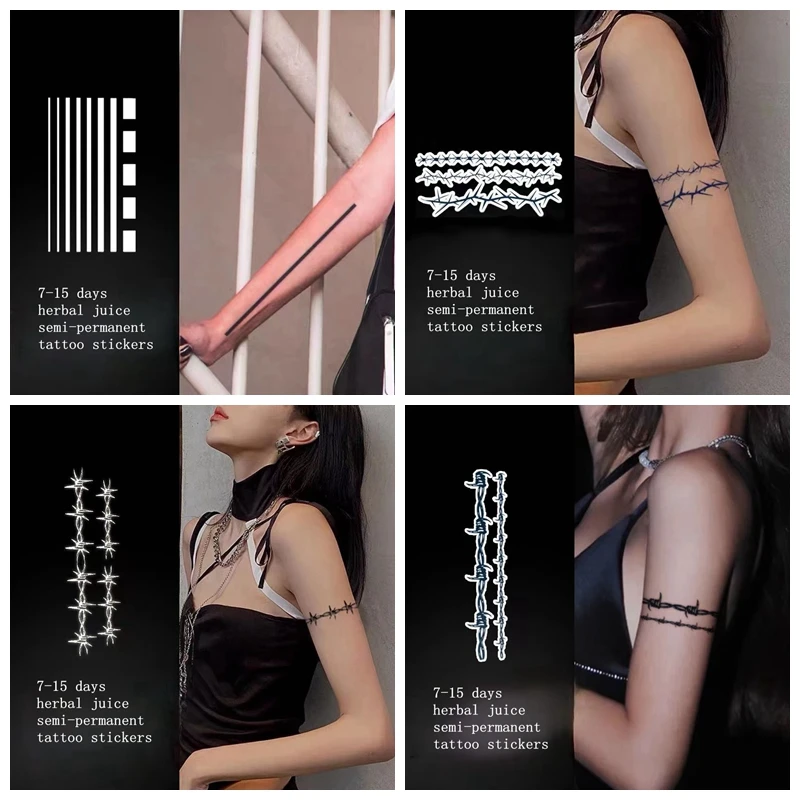 

Dark Thorn Line Herbal Juice Semi Permanent Tattoo Stickers Durable Waterproof Arm Leg Ring Fake Tattoos Men Women Cool Opacity