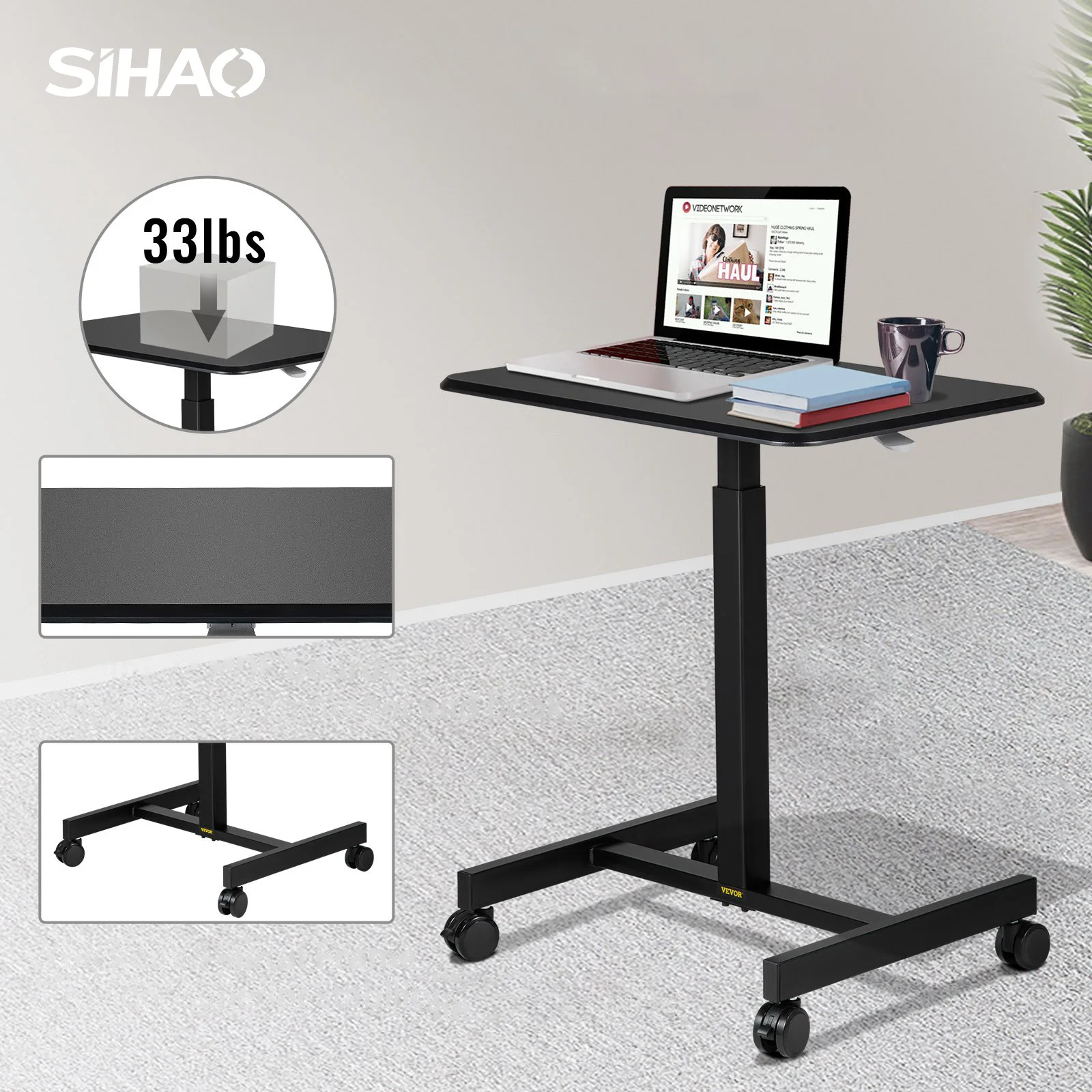 Sihao Adjustable Mobile Laptop Desk Rolling Computer Table Lifting Mobile Desk Up And Down Load-bearing Capacity 33 Lbs Black