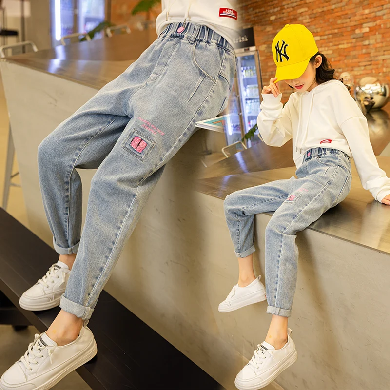 

Джинсы для девочек 6-14 лет, простые брюки из денима с эластичным поясом, повседневная одежда для девочек 10-12 лет, весна-осень