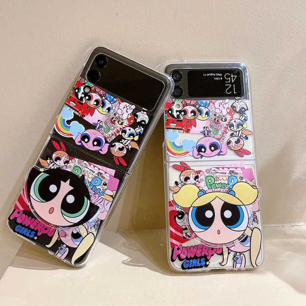 

Powerpuff Girls with stand Phone Case for Samsung Galaxy Z Flip 3 ZFlip3 Lovely Stand Folding Clear Heart Soft Cover Kickstand