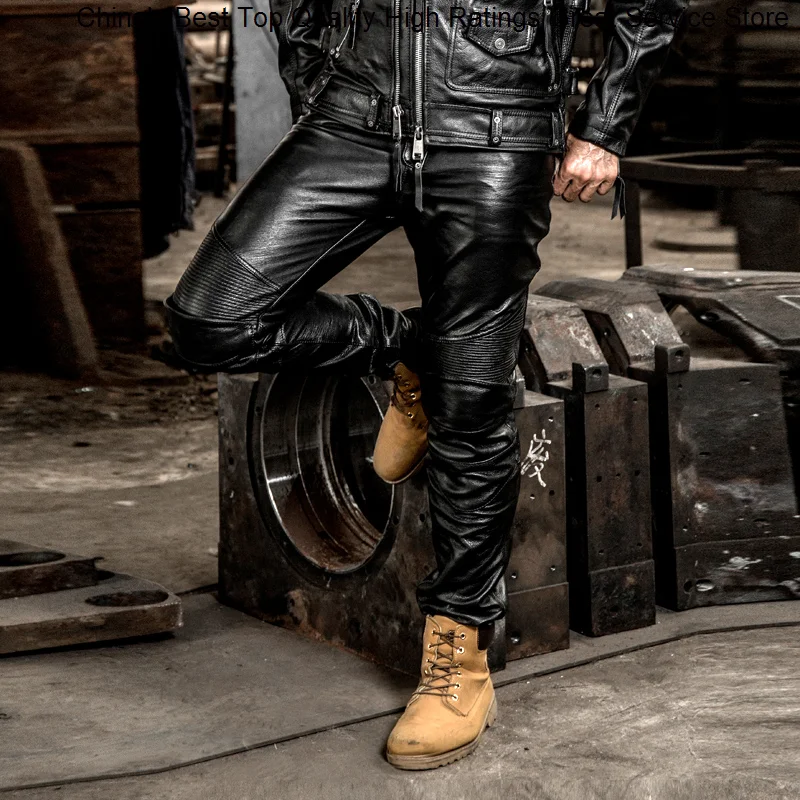 

Male Brand Genuine Profession Long Motorcycle Biker Trousers Slim Fit Cowskin Real Leather Protective Gear Pants