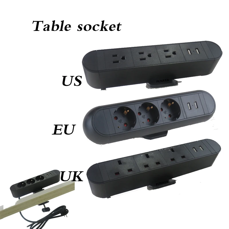 

Table Clip Sockets Power Strip US/UK/EU Plug 3 Outlets 2 USB 5V 2.1A Quick Charging 16A AC 110V 220V Black DIY Model Pop Socket