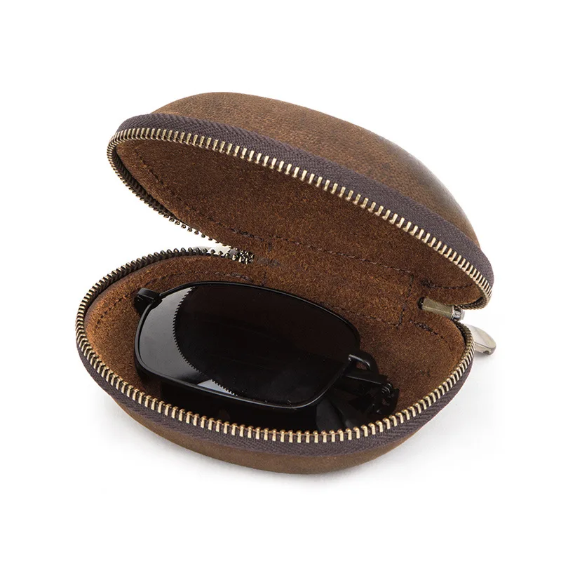 Folding Glasses Case Reading Sunglasses Nearsighted Cowhide Leather Protable Eyewear Cover Box Mini Travel Pack