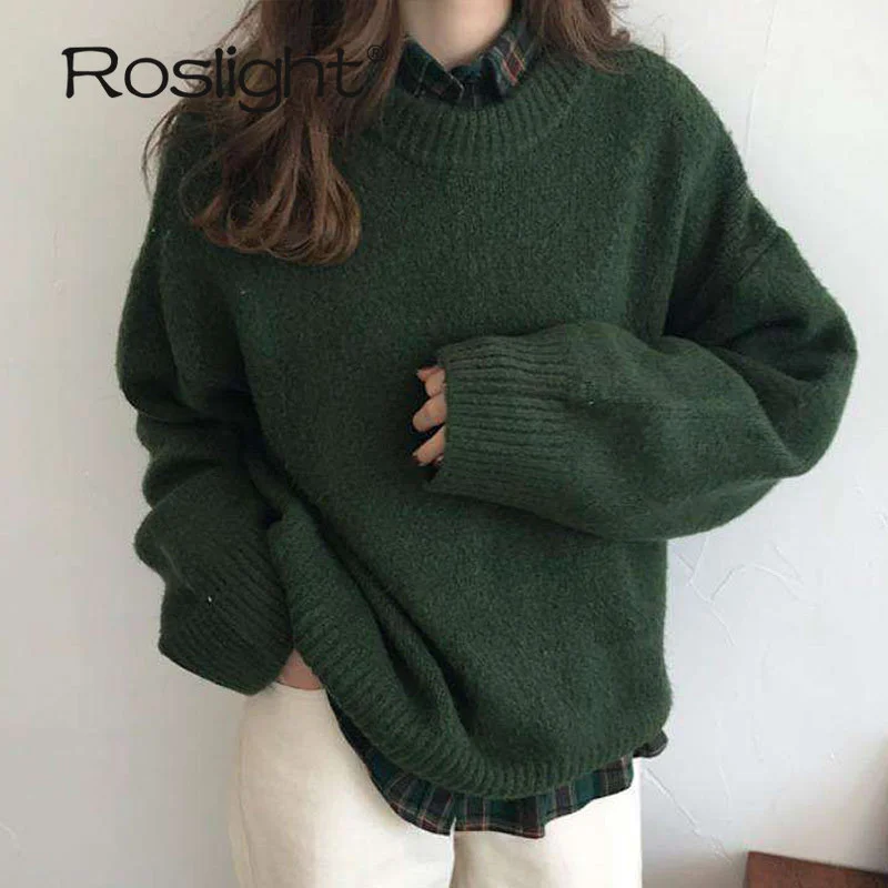 Winter Pullover Sweater Women Knitted Sweaters Solid Dark Green Long Sleeve Top Soft Warm Pullovers Jumper Sueter Mujer