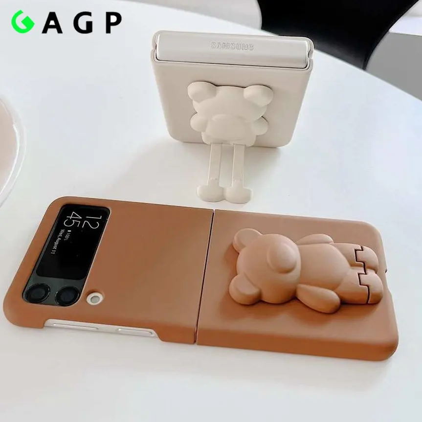 

3D Bear Bracket Kickstand Cute Case For Samsung Galaxy Z Flip 5 4 3 Hard Phone Case For Samsung Z Flip 3 4 Flip5 ZFlip4 Cover