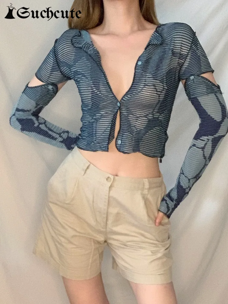 

SUCHCUTE Elegant Graphic Print Women's T-Shirts Vintage Long Sleeve Patchwork Cardigan Grunge Streetwear V Neck Slim Crop Tops