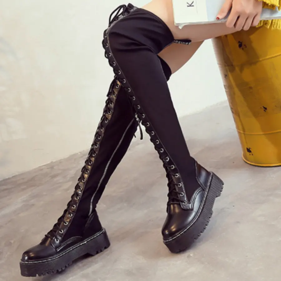 Thigh High Pumps Shoes Women Lace Up Stretchy Fabric Over The Knee High Ridding Boots Female Round Toe Platform Fashion Sneakers