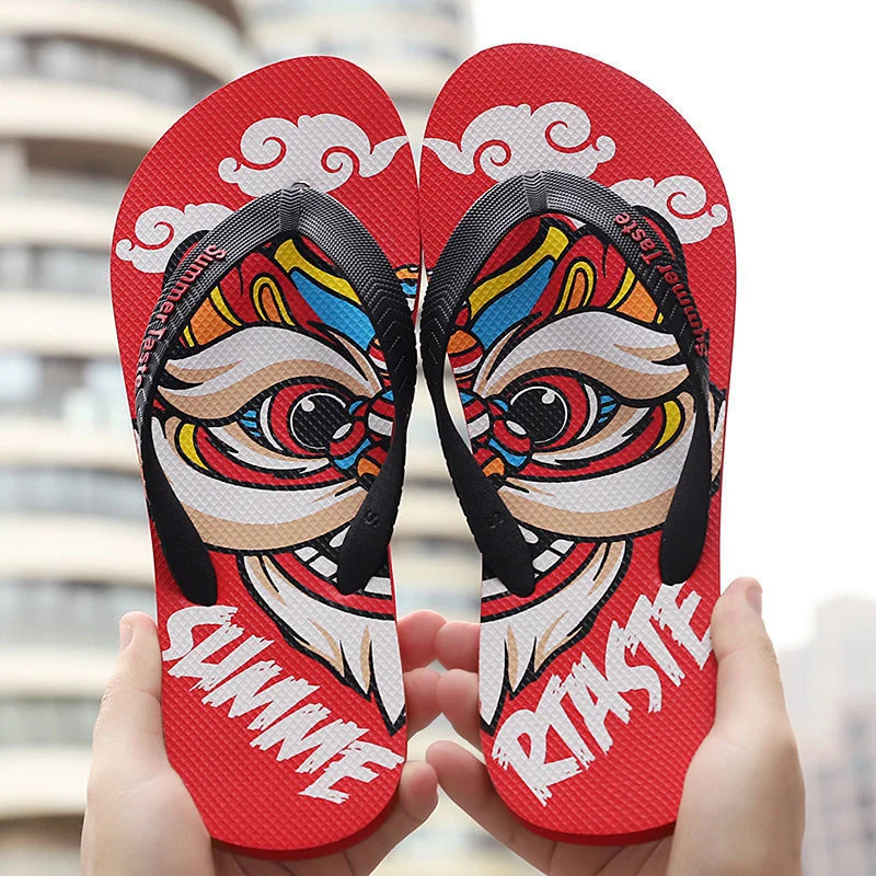 

New Flip Flops for Men Chinese Lion Head Elements Fashion Summer Outdoor Casual Shoes Bach Sandals Comfortable Non-Slip Slides