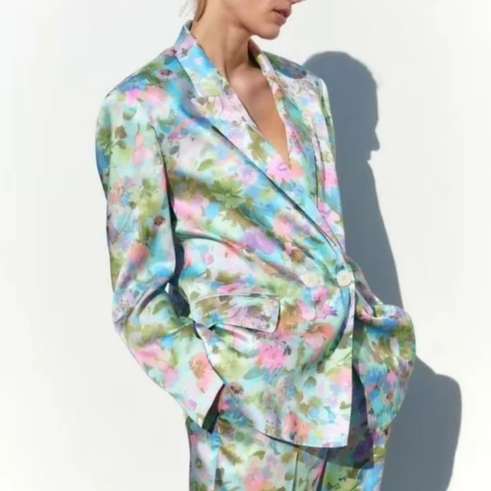 Satin Printed Women Suits Office Sets Fashion Floral Blazer Coat Ladies Pants Set 2023 New Spring Two Piece Sets Womens Outifits
