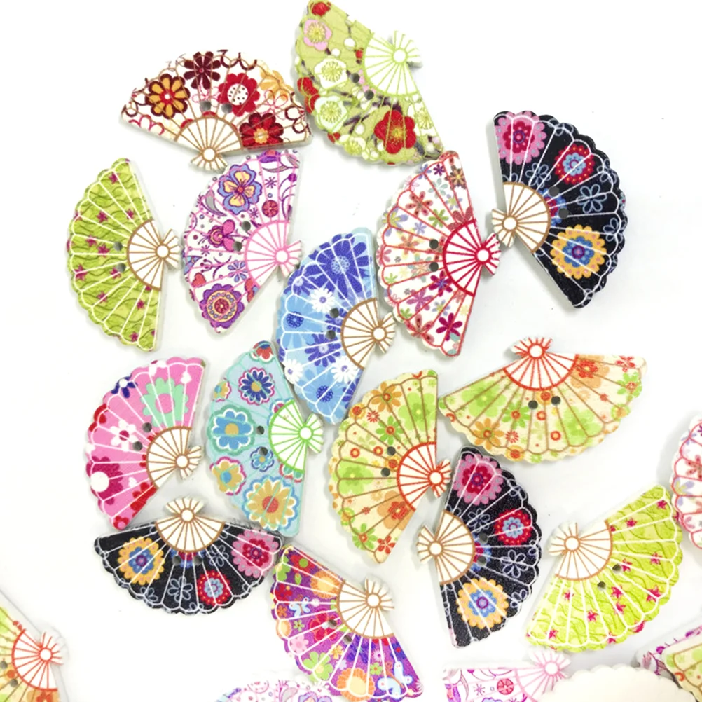

Buttons Wood Fan Decorative Flower Painting Shape Sewing Clothing Button Manual Wooden 2Holes Pattern Mixed Painted Craft