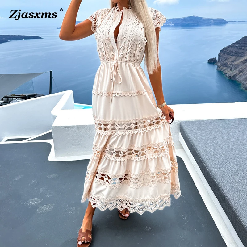 Elegant Women Lace Embroidery Maxi Dress Fashion Casual Holiday Beach A Line Dress New Summer Lady Button Hollow Out Party Dress