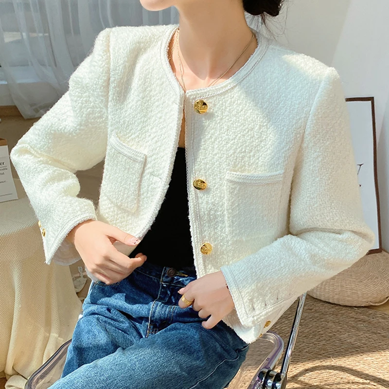 

Женская твидовая куртка на золотых пуговицах, Элегантное однобортное шерстяное пальто с длинным рукавом, Корейская одежда на осень и зиму 2022