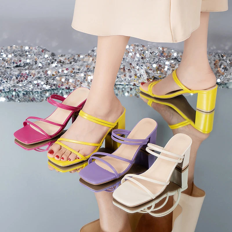 

New Summer Slippers Low Heels Slides Female Peep Toe Square Heel Brand Sandals Women Big Size 43 Flip Flops Green Flip Flops