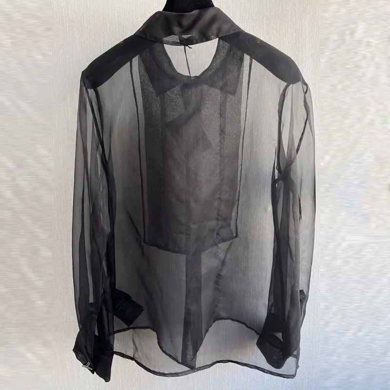 

23Cosmicchic 100% Шелковая черная блузка, модная пикантная однобортная рубашка из органзы с лацканами, темпераментная нежная женская блузка с длинным рукавом