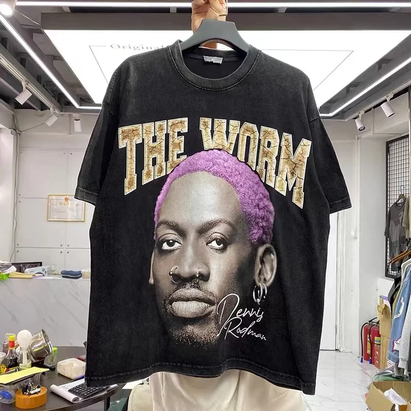 Dennis Rodman lettering, heavy weight wash, round neck, short sleeved t shirt