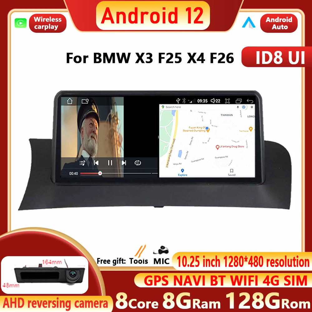 

10.25" ID8 For BMW X3 F25 X4 F26 Android 12 Auto Wireless Apple CarPlay 4G WIFI Car IPS Multimedia Screen CIC NBT Head Unit