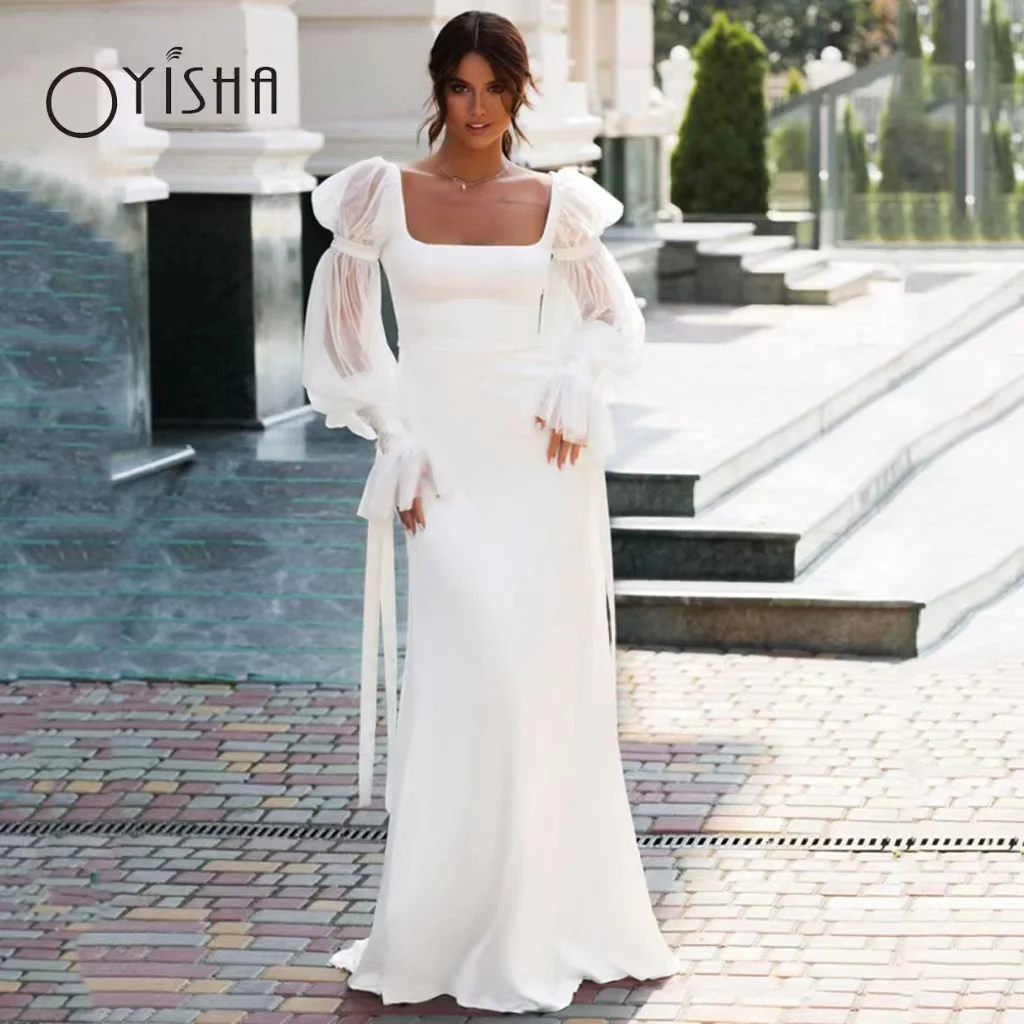 

OYISHA Elegant Satin Mermaid Wedding Dresses Long Puff Sleeves Sexy Beach Square Collar Bridal Gowns Custom Made Robe De Mariee