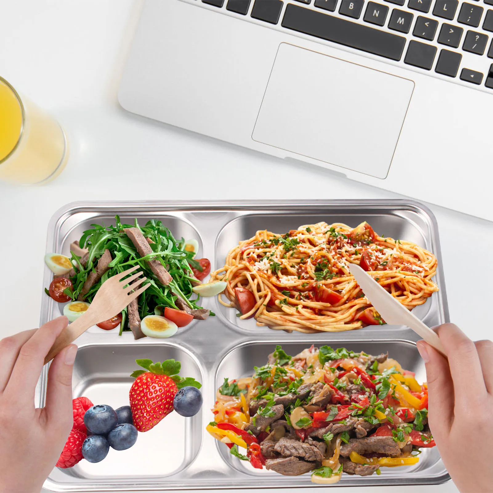 Stainless Steel Divided Tray With 4 Rectangular Compartments Cheap Practical Dinner Plate For School Company Home Camp Kid |