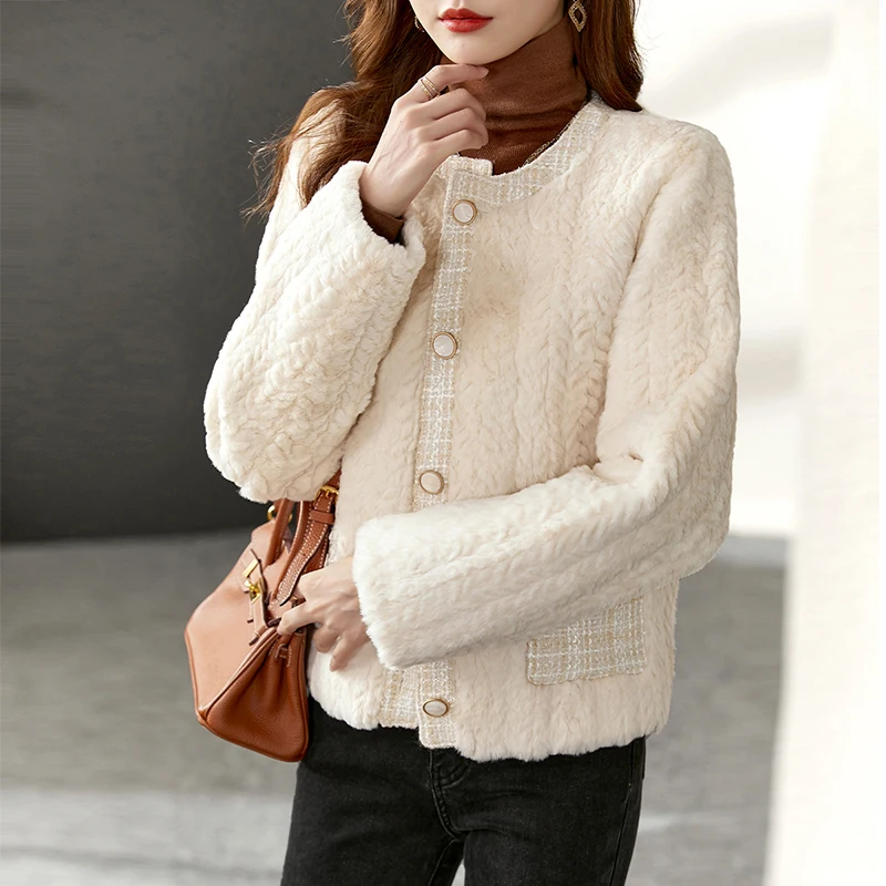 Vimly Luxury Faux Fur Tweed Coat Winter Warm Jacket Women 2022 Fashion Elegant Short Ladies Overcoat for Winter Clothing 50398