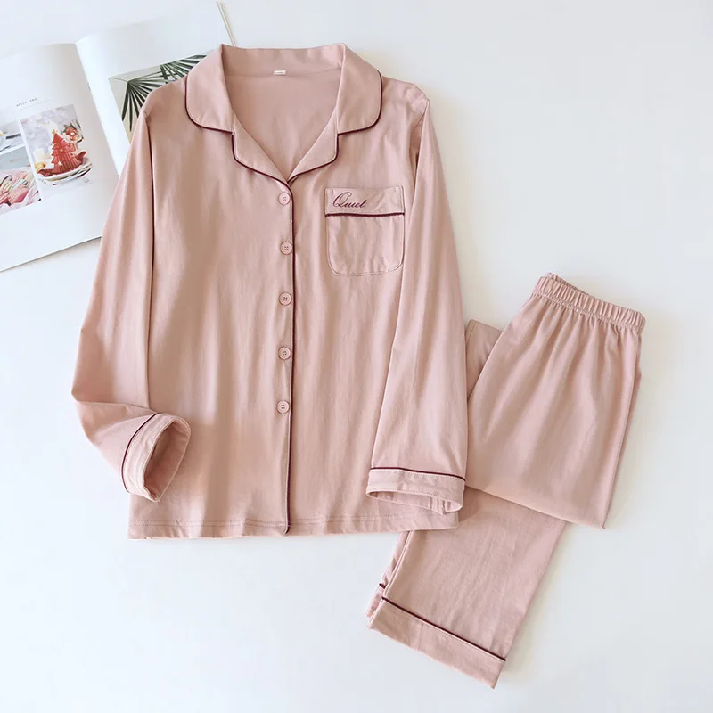100% Cotton High Quality Women's Pajamas Set Long Sleeves Solid Color Embroidery 2 Pieces Set Women Pajamas Sleepwear