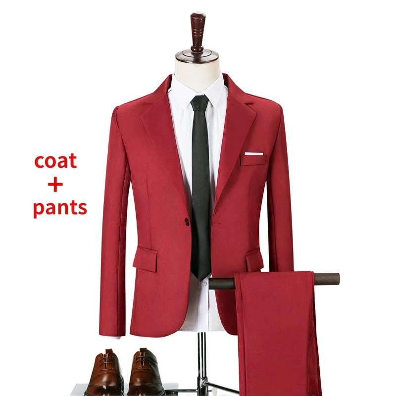 

2022 New Spring and Autumn Men's Solid Slim Fit Single Button Suit Set Youth Fashion Casual Wedding Party Two Piece Set