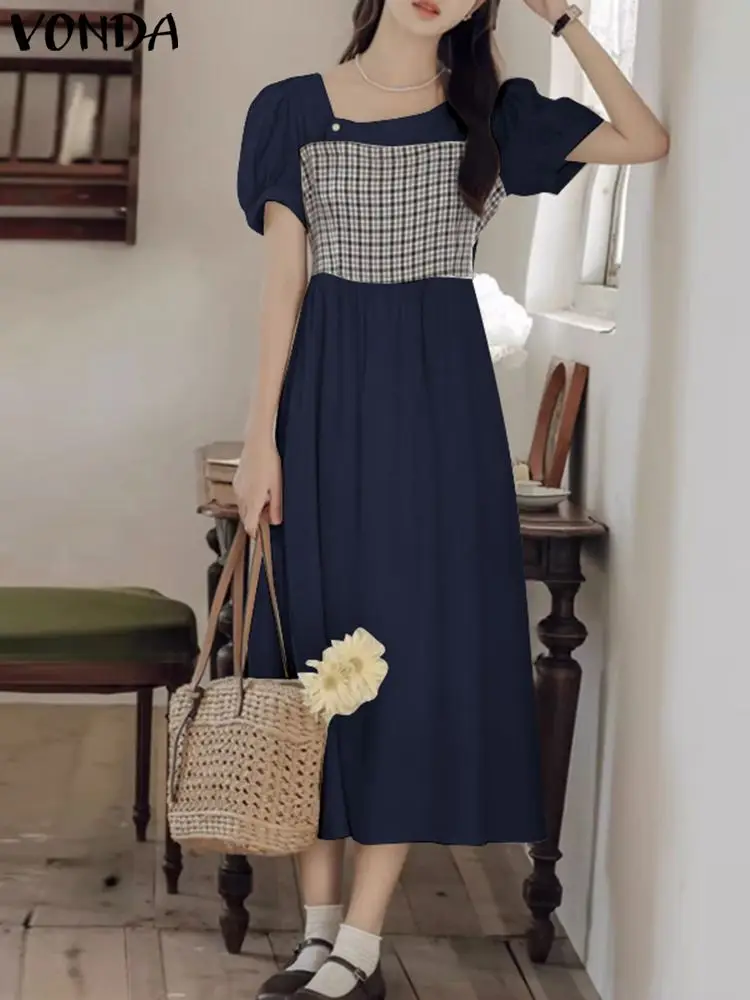 

Женское летнее платье VONDA, модный клетчатый сарафан с коротким рукавом и квадратным вырезом 2023, винтажное лоскутное повседневное свободное платье