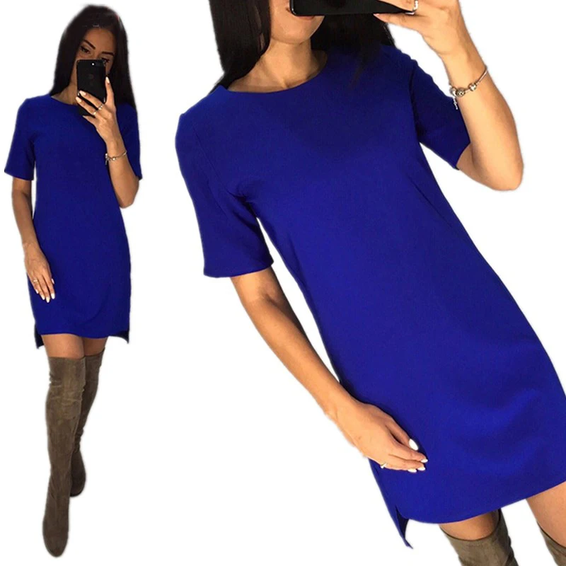 

2022 Women's Summer Dress OL Office Wear O-Neck Short Sleeve Vestido Mujer Solid Stylish Irregular Casual Straight Mini Dress