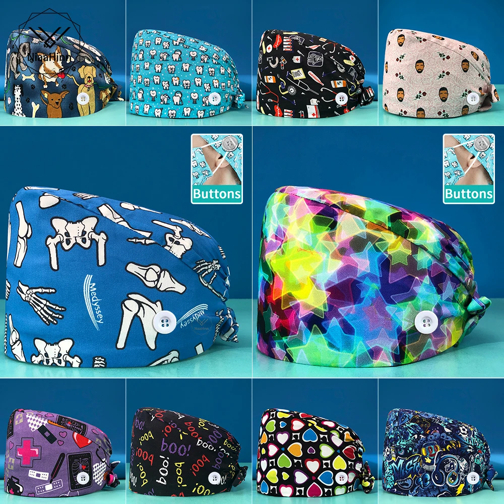 

Cute Animal Cool Print Women Scrubs Caps Pet Shop Work Scrubs Breathable Lab Scrub Hat Nursing Hat Wholesale Nurseshair Hats