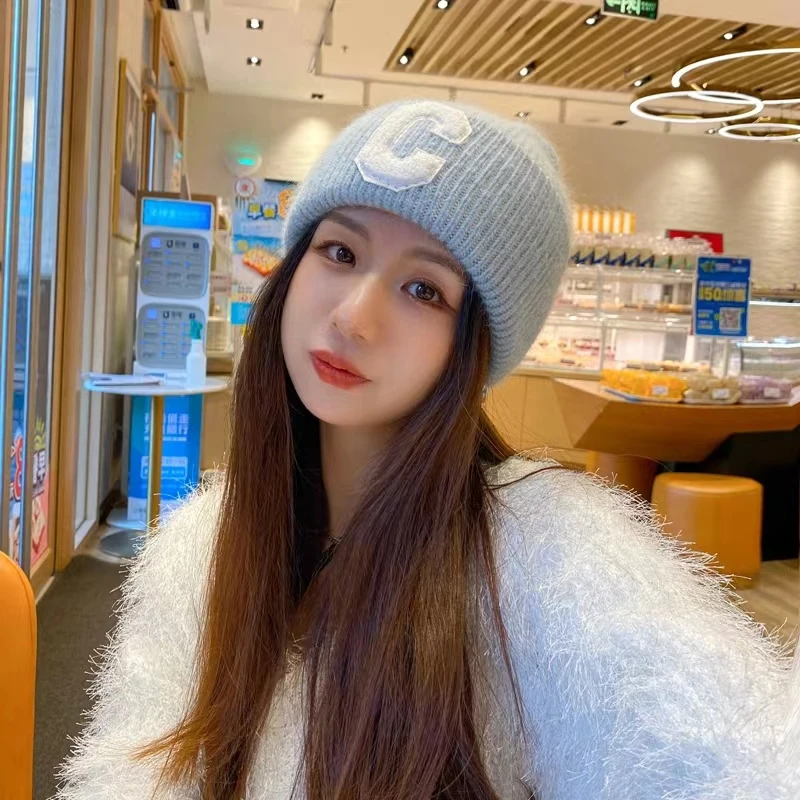 Winter Letter C Knitted Beanies for Women Rabbit Fur Korean Designer Hat Lady Warm Cashmere Bonnet Hat Female Thick Skullies Cap