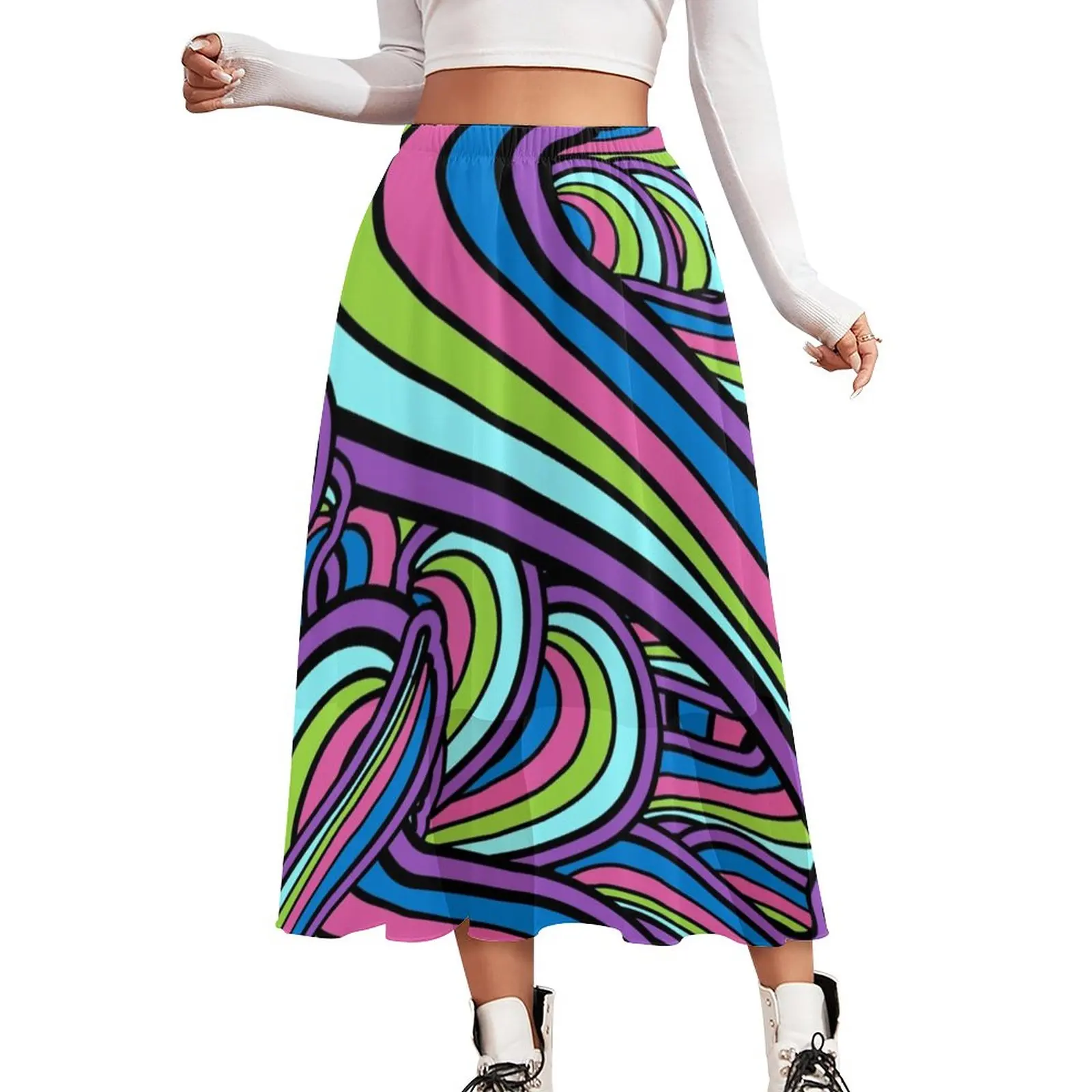 

Retro Geometric 60S 70S Skirt Psychedelic Art Vintage Long Skirts Elastic Waist Pattern Korean Fashion A-line Skirt Large Size