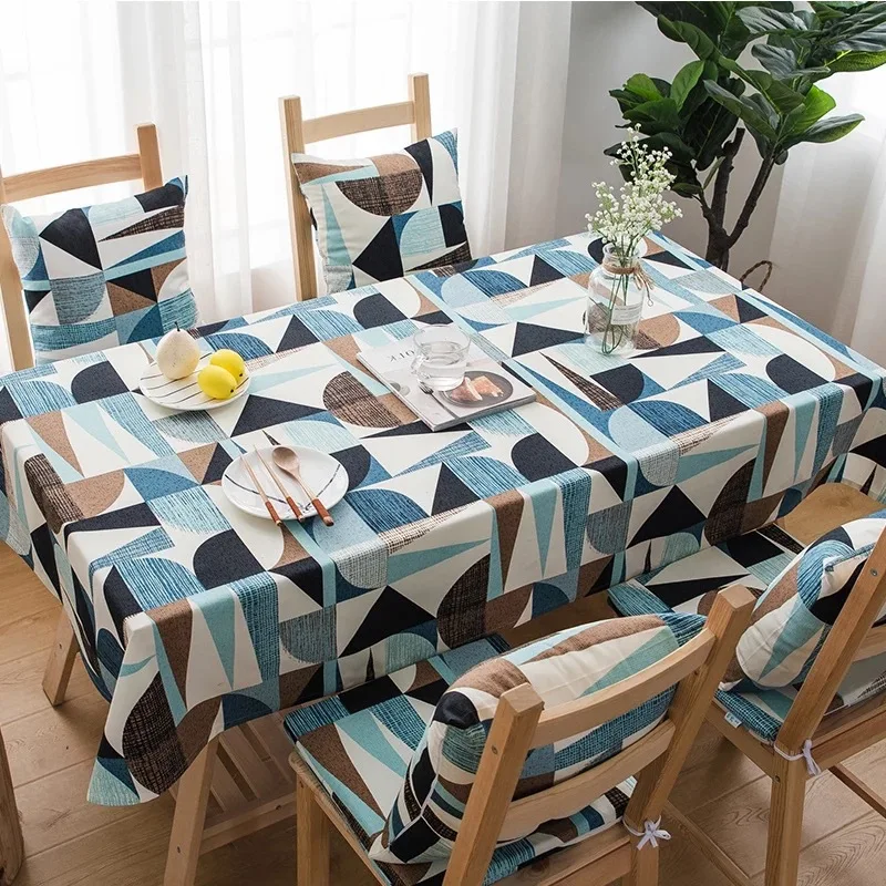 

Nordic 100% Cotton Table Cloth Blue Abstract Geometric Thickened Rectangular Tablecloth for Table nappe de table Table Cover