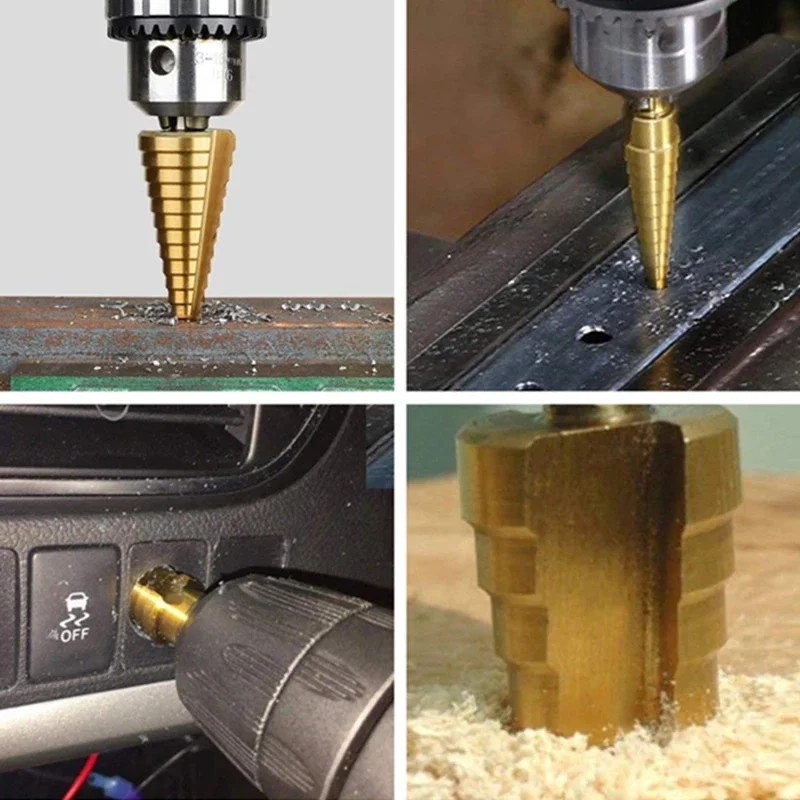 4-32mm HSS step drill bit straight groove conical drills titanium coated metal hexagonal shank bits wood hole cutter