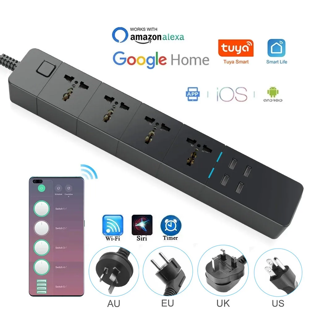 

Tuya Smart Home WiFi Power Strip Works With Alexa Google Multi Plug Four Port 6AC Socket 4 USB Voice Control UK/EU/US/AU