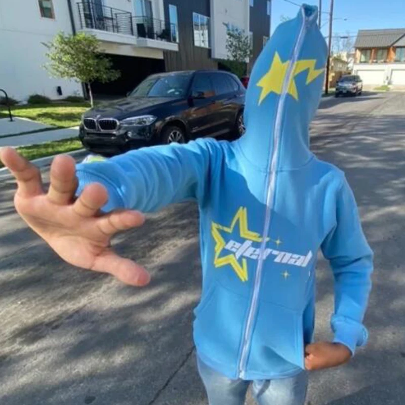 

Streetwear Full Zip Hoodie Star Letter Graphic Print Long Sleeve Oversized Jacket Men Women Zip-Up Cardigan Outer Wear Coat Y2K