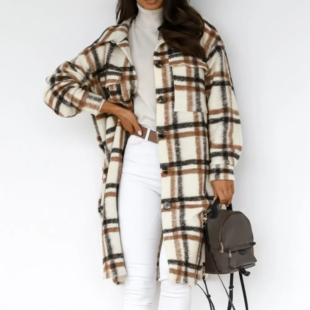 

2021 Autumn Winter Checked Women Jacket Turn Down Overcoat Warm Plaid Long Coat Oversize Thick Woolen Blends Female Streetwear