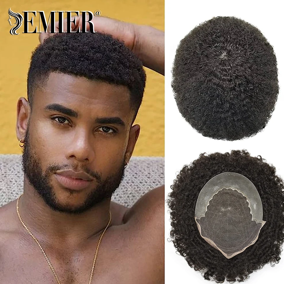Lace Front Curly Men Hair System Comfortable Afro Male Hair Prosthesis Bleached Knots French Lace And Pu Human Hair Replacement