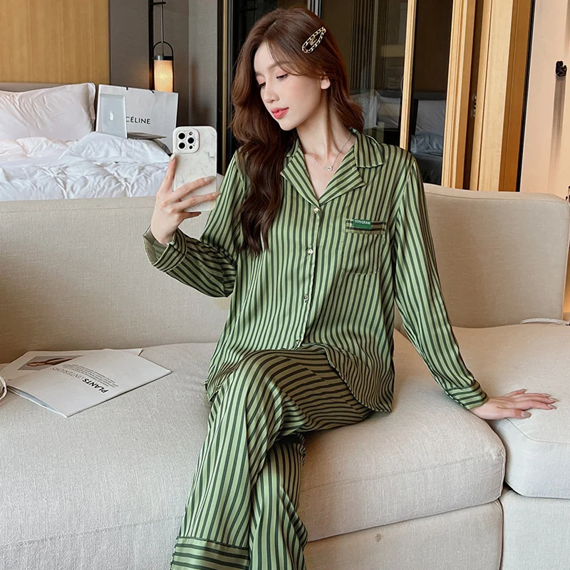 Lisacmvpnel Autumn 2022 Pajamas Women's Ice Silk Long Sleeve Stripe Printed Two Piece Thin Home Suit Pyjamas