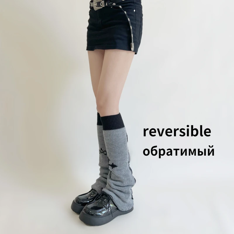 Y2k Girl Harajuku Leg Warmers Gothic Black Lady Knit Cross Leg Warmer 2022 Chic Mujer Knitted Reversible Sock